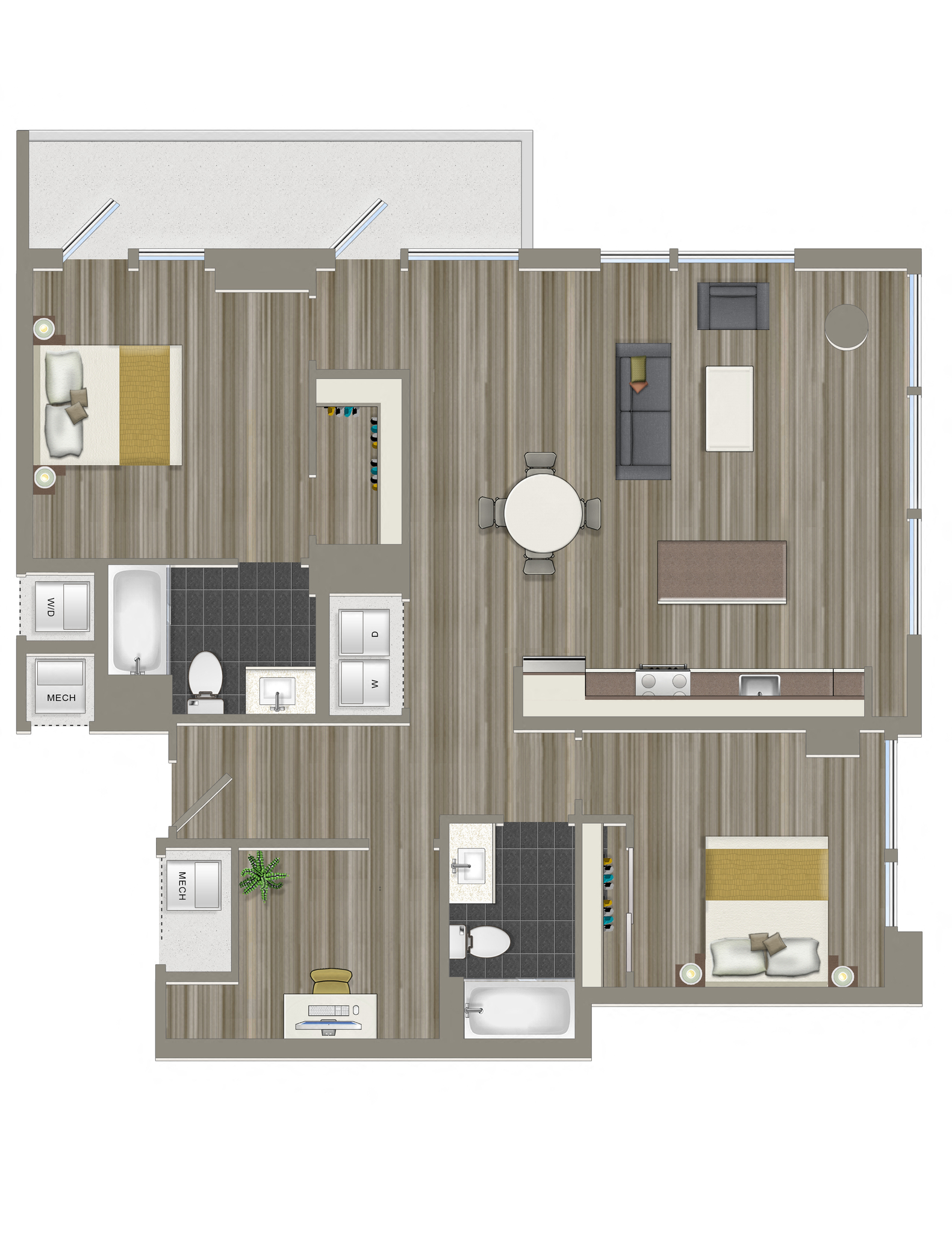 Floor plan for 3 beds, 2 baths, 1251 sqft